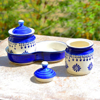 Hand Painted Ceramic Pickle Jar Set with Tray (Set of 2, Blue and White, 250 ml each)