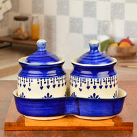 Hand Painted Ceramic Pickle Jar Set with Tray (Set of 2, Blue and White, 250 ml each)