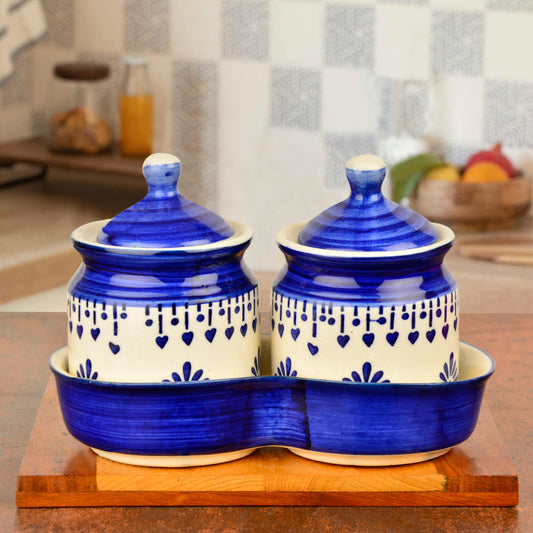 Hand Painted Ceramic Pickle Jar Set with Tray (Set of 2, Blue and White, 250 ml each)