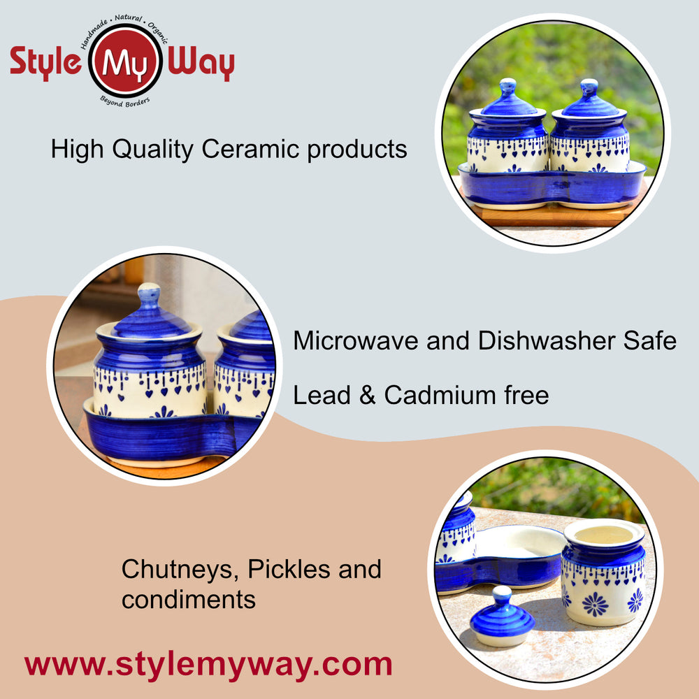 Hand Painted Ceramic Pickle Jar Set with Tray (Set of 2, Blue and White, 250 ml each)