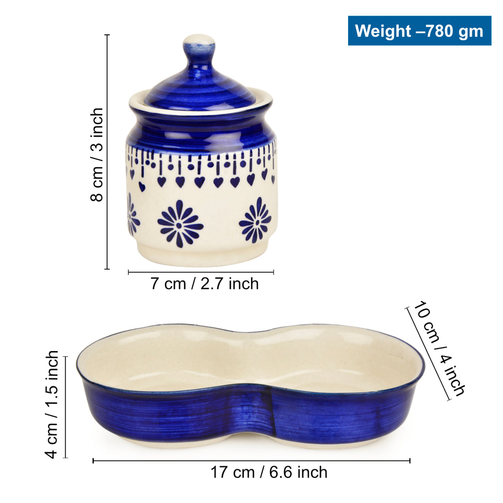 Hand Painted Ceramic Pickle Jar Set with Tray (Set of 2, Blue and White, 250 ml each)