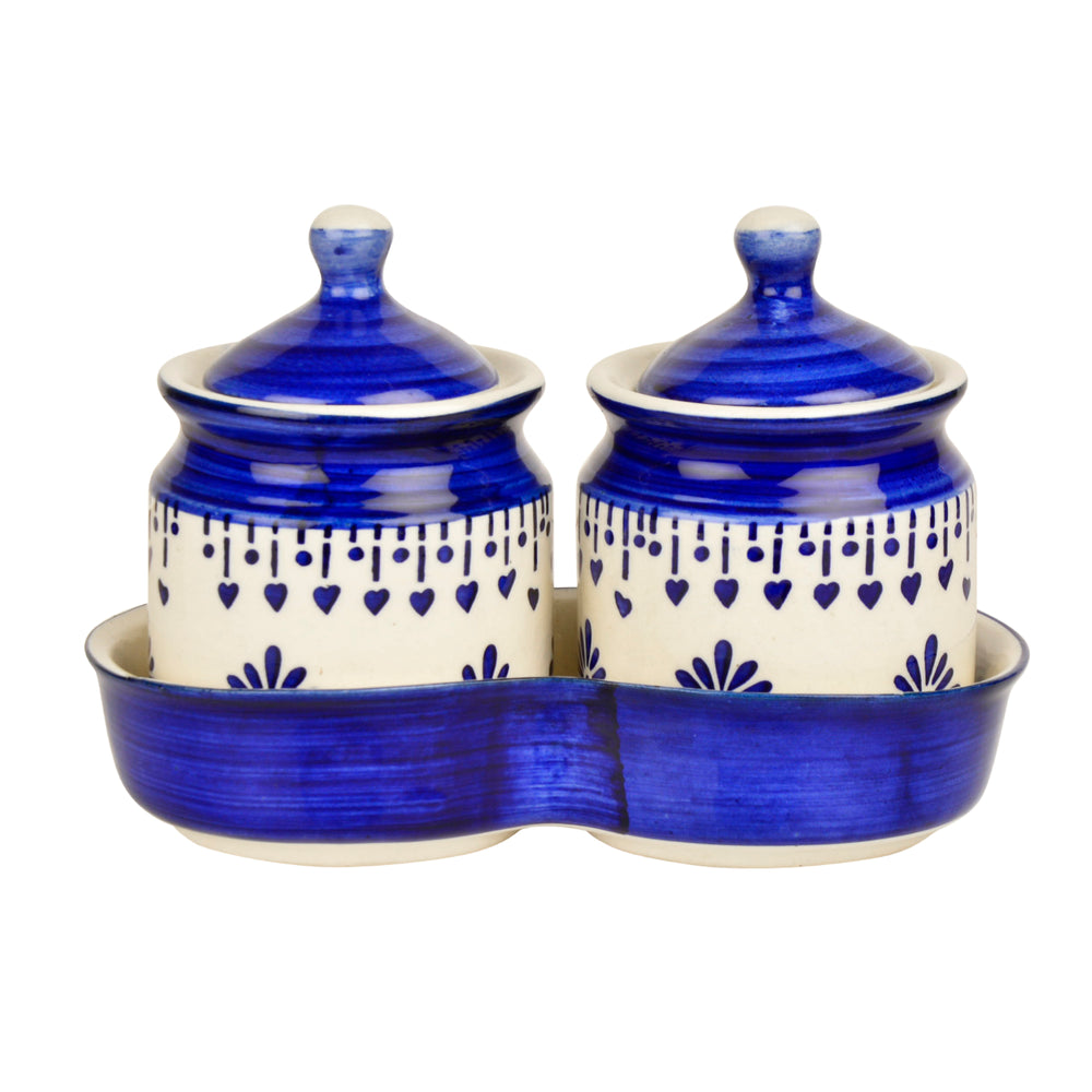 Hand Painted Ceramic Pickle Jar Set with Tray (Set of 2, Blue and White, 250 ml each)