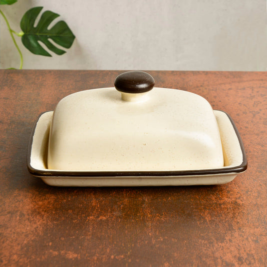 Ceramic Butter Dish with Lid (Off White, Height - 8 cm)