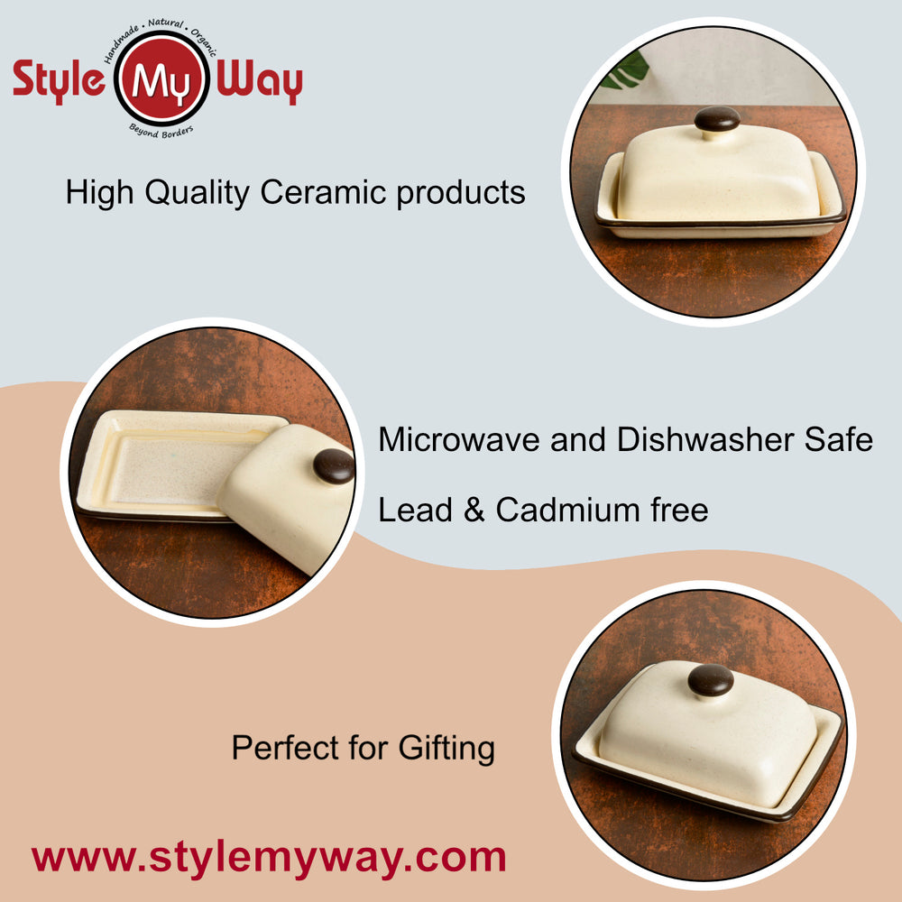 Ceramic Butter Dish with Lid (Off White, Height - 8 cm)