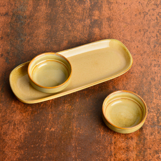 Beautiful Reflective Glaze Ceramic Dip Bowls Set with Tray (Set of 2, Beige)