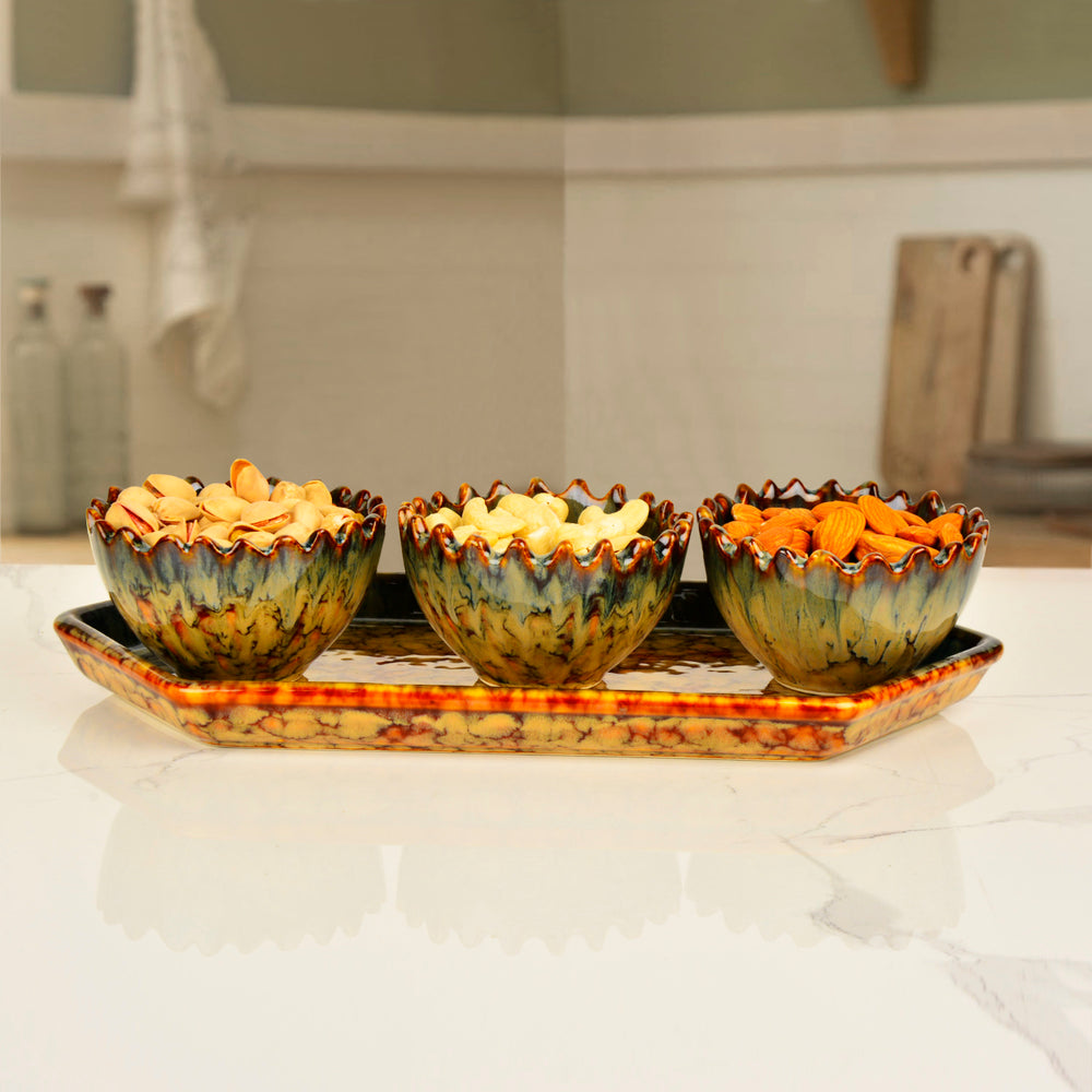 Luxurious Decorative Hexagonal Tray with 3 Nut Serving Cut Bowls