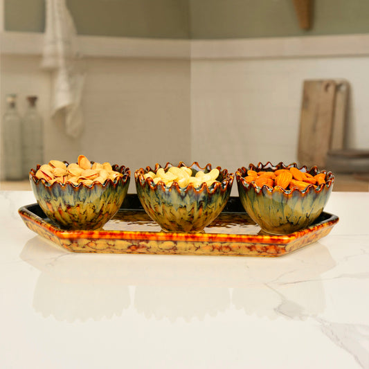 Luxurious Decorative Hexagonal Tray with 3 Nut Serving Cut Bowls