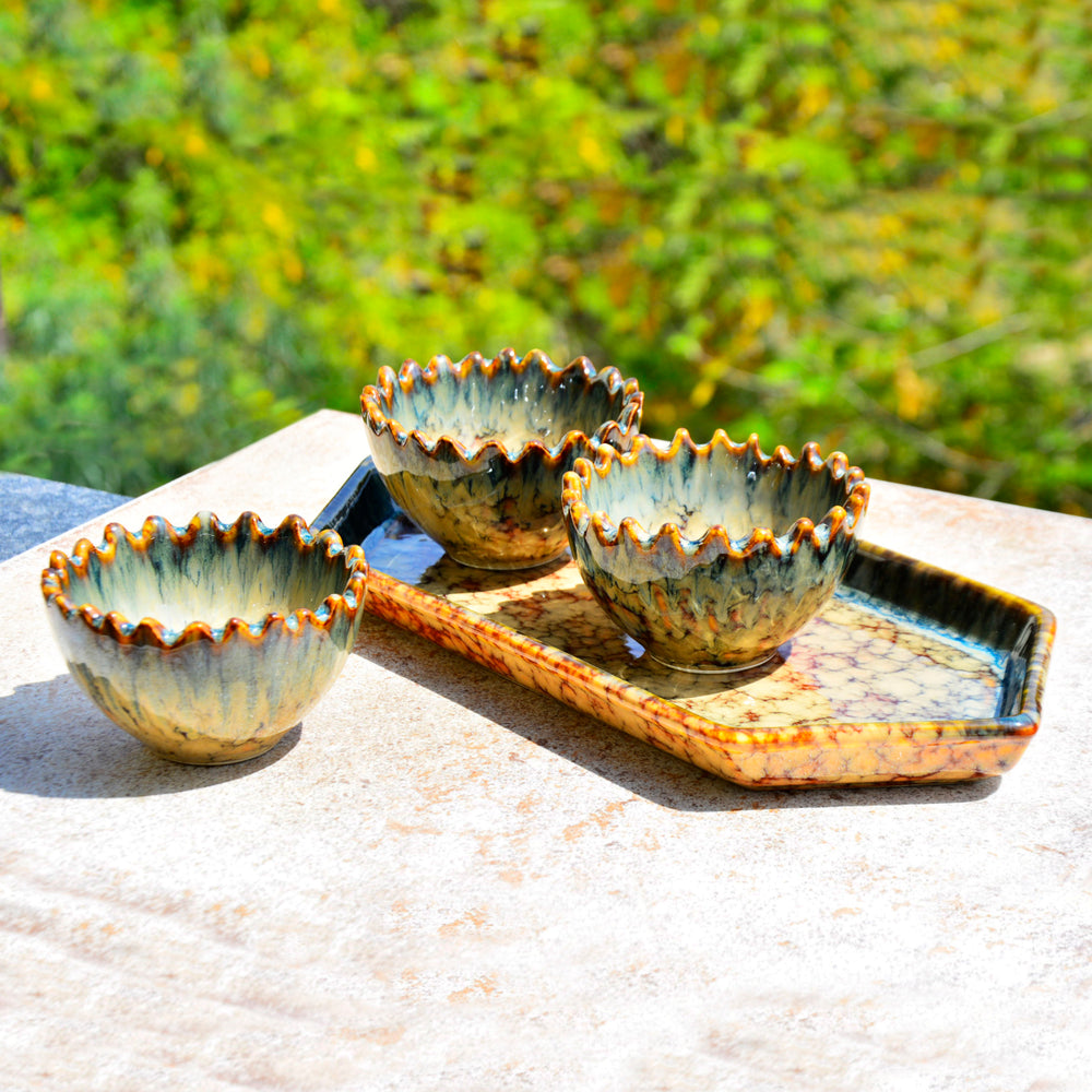 Luxurious Decorative Hexagonal Tray with 3 Nut Serving Cut Bowls