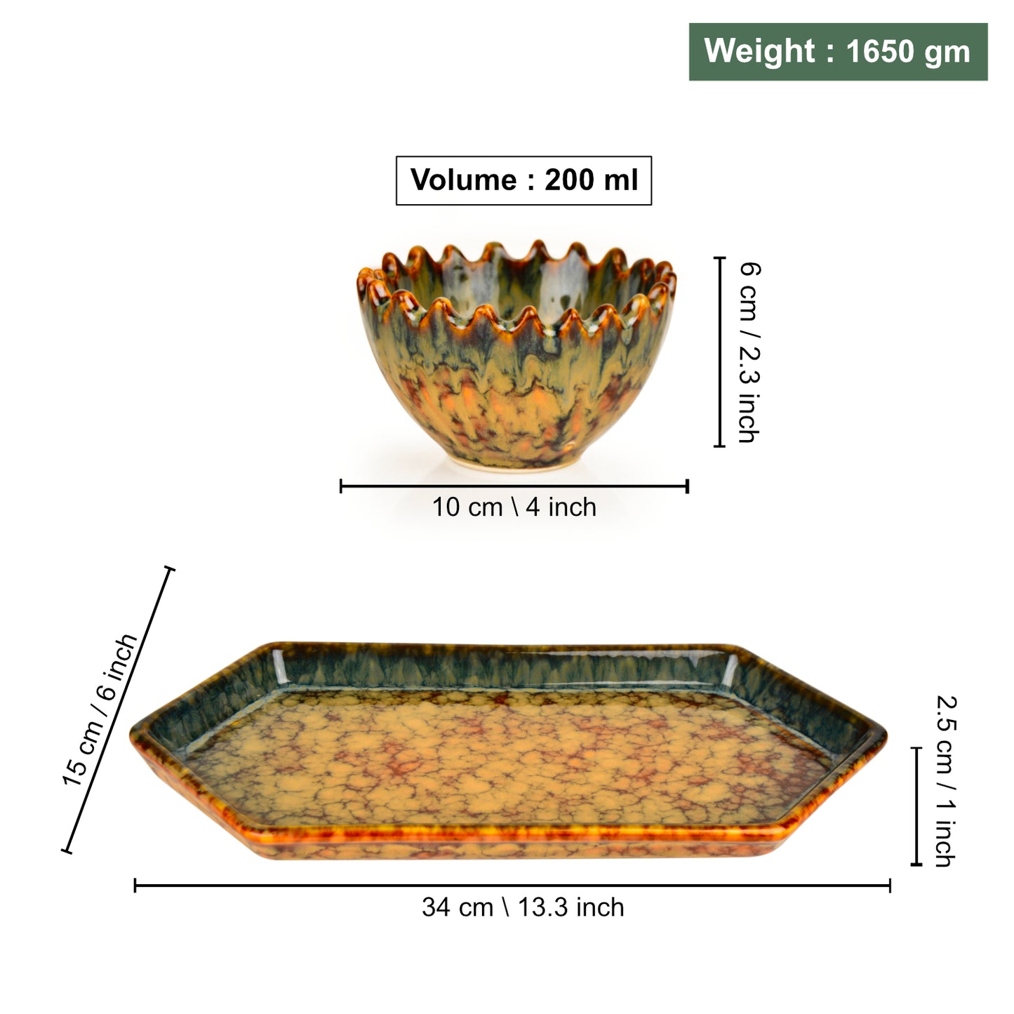 Luxurious Decorative Hexagonal Tray with 3 Nut Serving Cut Bowls