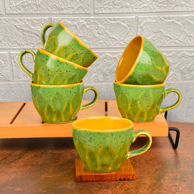 Hand Crafted Ceramic Tea Cups (200 ml, Set of 6, Green and Yellow)