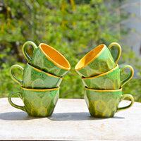 Hand Crafted Ceramic Tea Cups (200 ml, Set of 6, Green and Yellow)