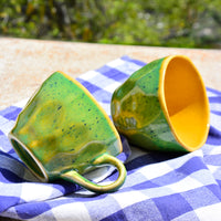 Hand Crafted Ceramic Tea Cups (200 ml, Set of 6, Green and Yellow)