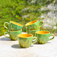 Hand Crafted Ceramic Tea Cups (200 ml, Set of 6, Green and Yellow)