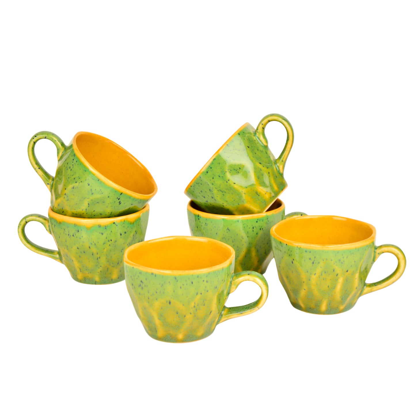 Hand Crafted Ceramic Tea Cups (200 ml, Set of 6, Green and Yellow)