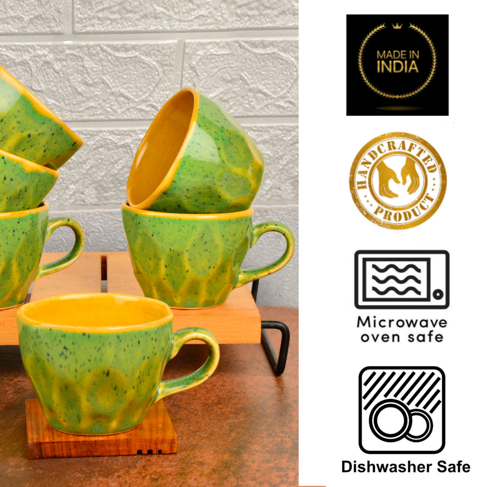 Hand Crafted Ceramic Tea Cups (200 ml, Set of 6, Green and Yellow)