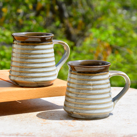 Hand Glazed Ceramic Large Coffee, Milk Mugs (300 ml, Set of 2, Brown and Off White)