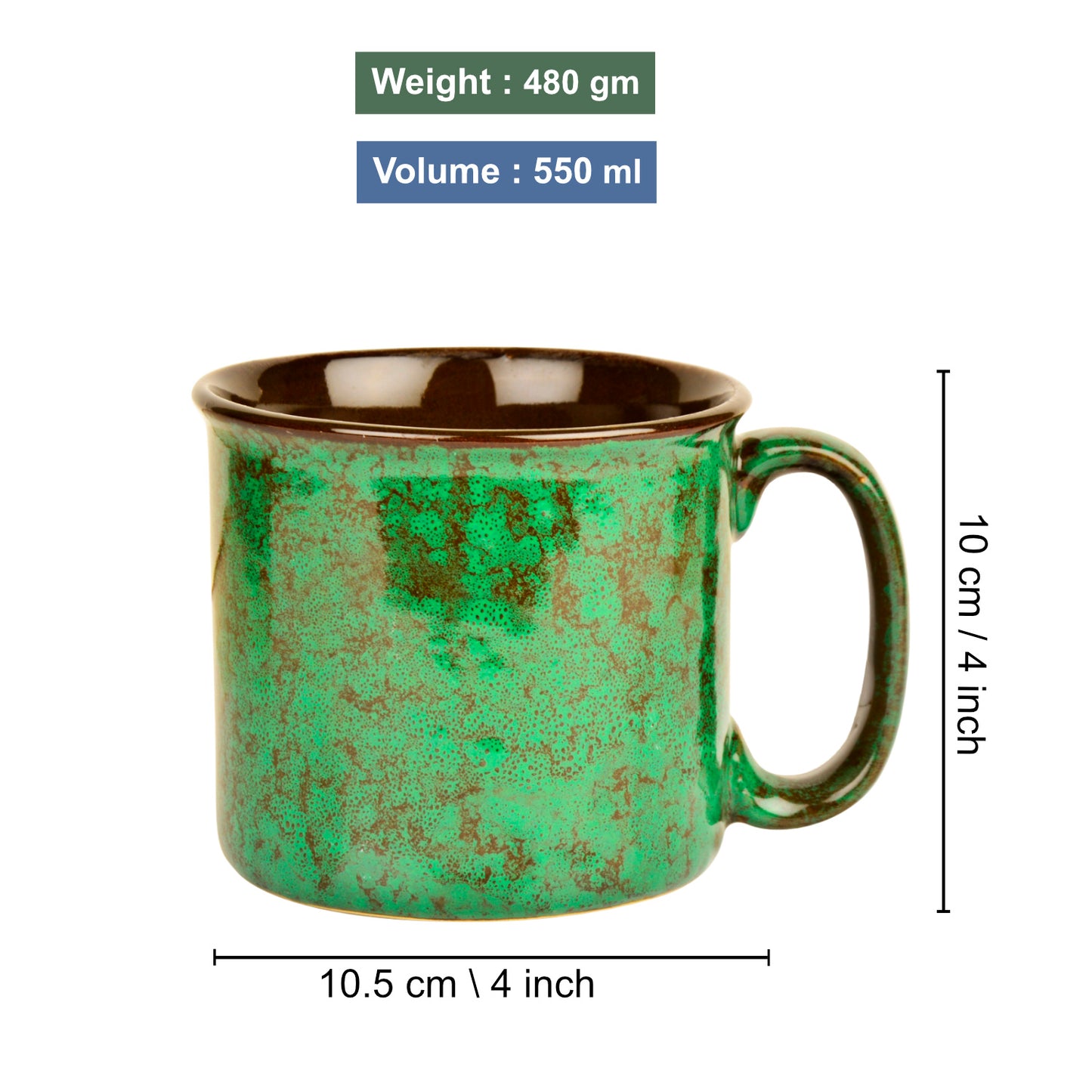 Studio Pottery Ceramic Maggi Bowl, Mug with Handle (550 ml , Emerald Green)