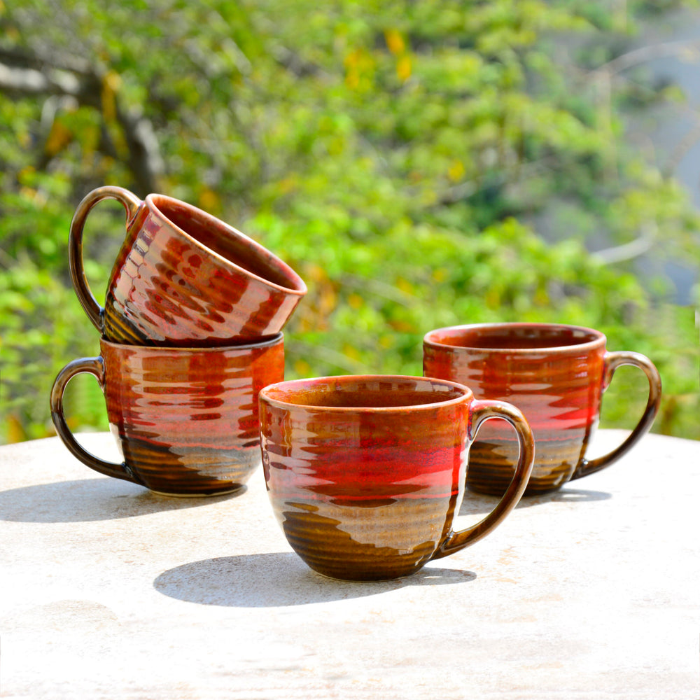 Studio Pottery Ceramic Soup Cups with Handle (350 ml , Ombre Red)