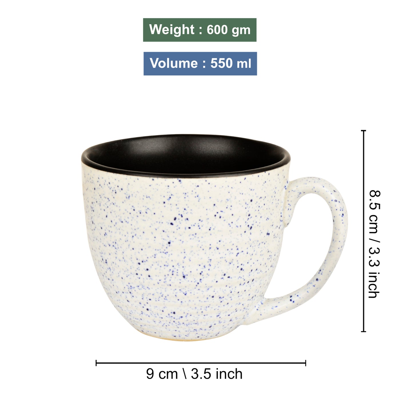 Studio Pottery Ceramic Speckled Soup Cups with Handle (350 ml , Off White and Blue)