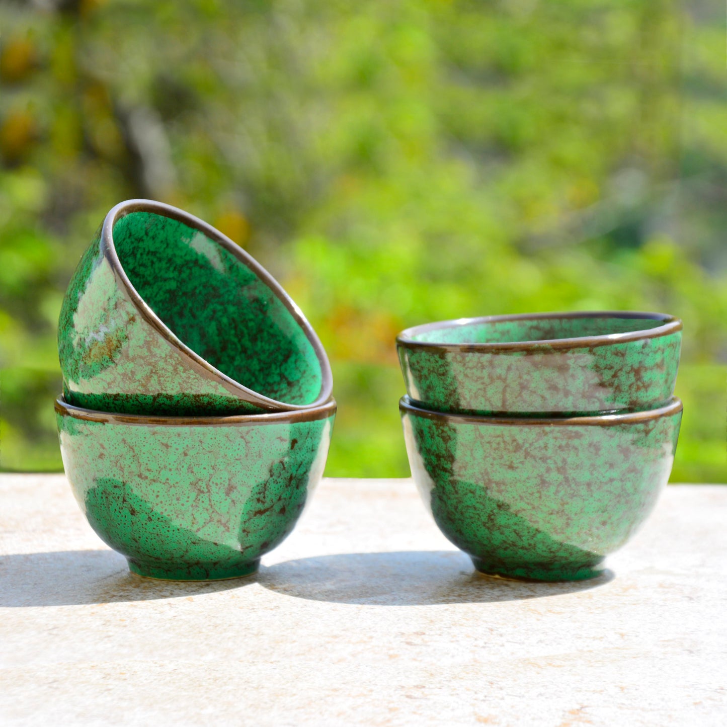 Studio Pottery Ceramic Dinner Serving Bowls (Set of 4 , 200 ml each, Seaweed Green)