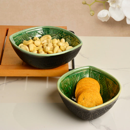 Studio Pottery Almond Shaped Ceramic Nut Bowls (Set of 2, 450 ml each, Green and Black)