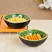 Studio Pottery Almond Shaped Ceramic Nut Bowls (Set of 2, 450 ml each, Green and Black)