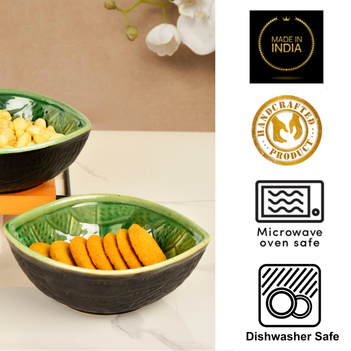 Studio Pottery Almond Shaped Ceramic Nut Bowls (Set of 2, 450 ml each, Green and Black)