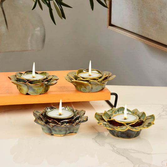 Premium Handmade Flower Shaped Ceramic Tea Light Holder for Home Decoration (Dove Blue ,Set of 4)