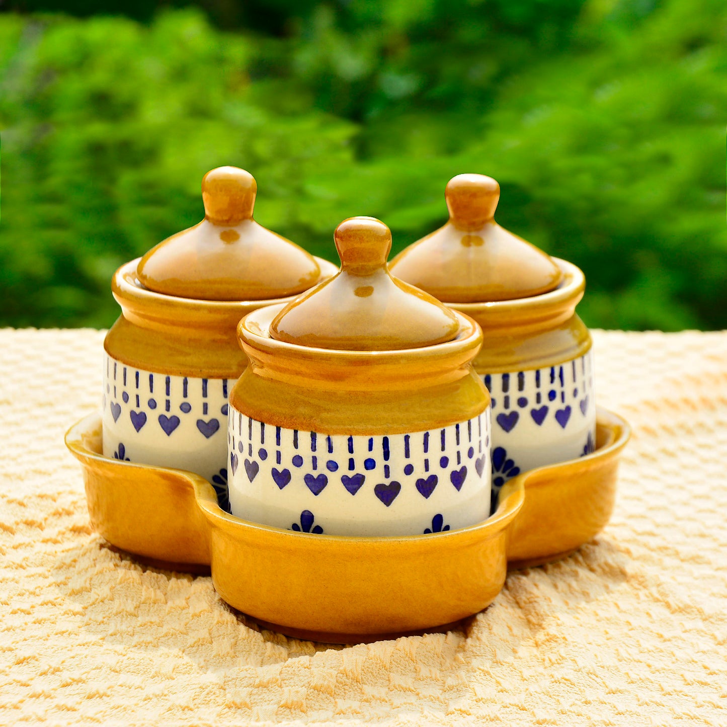 Hand Painted Ceramic Pickle Jar Set with Tray for Dining Table (Set of 3 200 ml each)