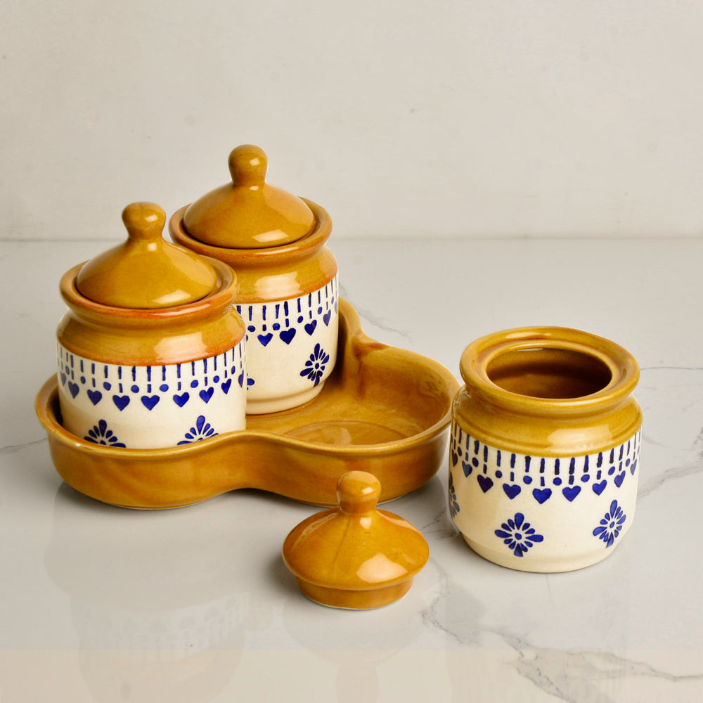 Hand Painted Ceramic Pickle Jar Set with Tray for Dining Table (Set of 3 200 ml each)