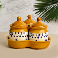 Hand Painted Ceramic Pickle Jar Set with Tray for Dining Table (Set of 3 200 ml each)