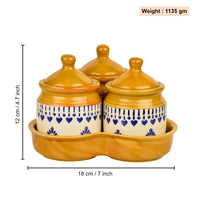 Hand Painted Ceramic Pickle Jar Set with Tray for Dining Table (Set of 3 200 ml each)