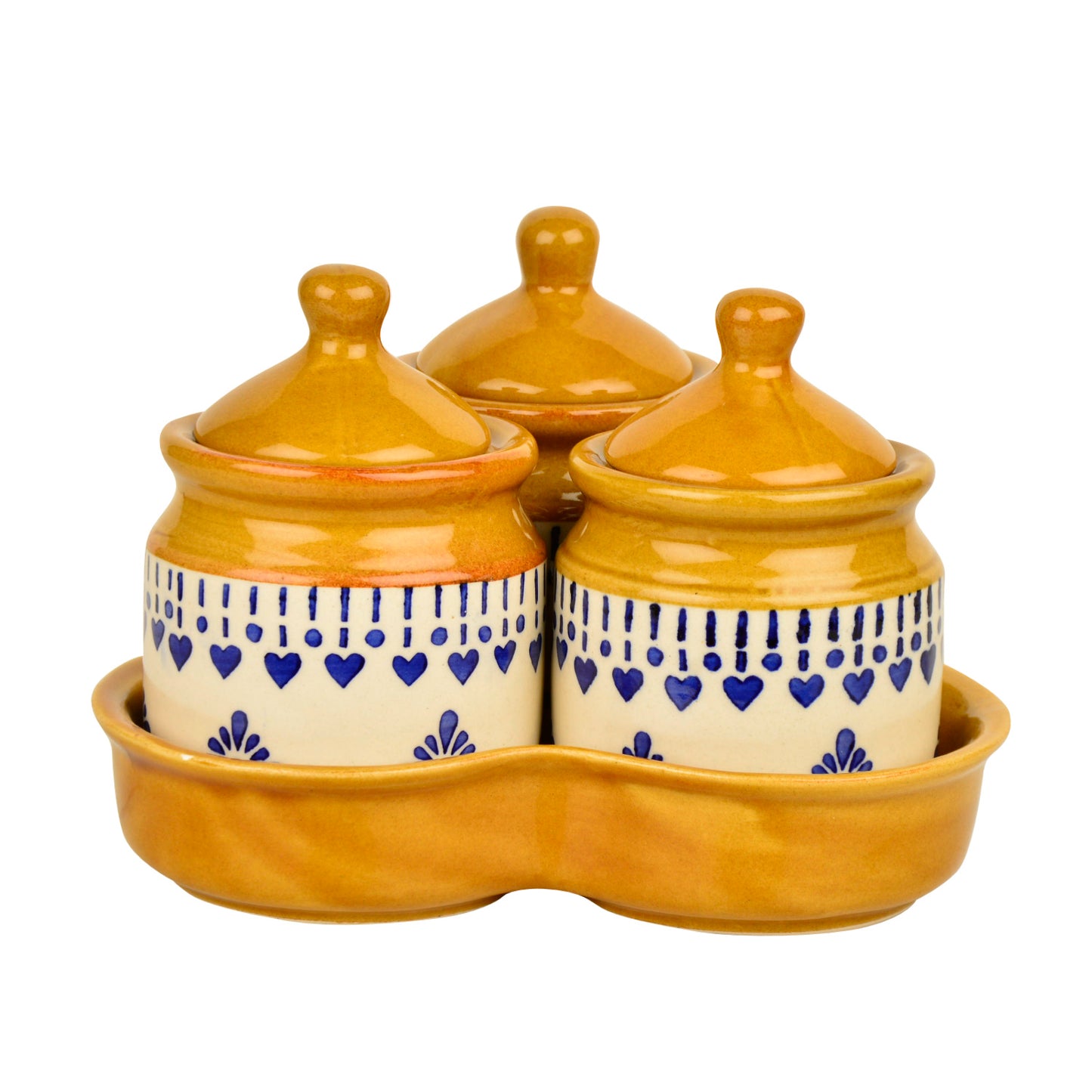 Hand Painted Ceramic Pickle Jar Set with Tray for Dining Table (Set of 3 200 ml each)