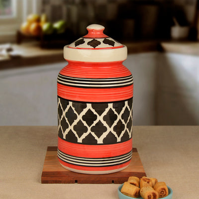 Hand-Painted Ceramic Multi-Utility Kitchen Storage Jar with Lid (3000 ml, Red and Black)