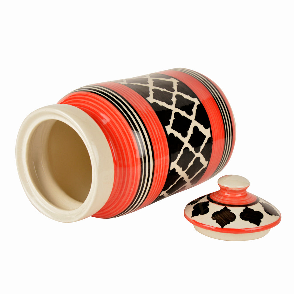 Hand-Painted Ceramic Multi-Utility Kitchen Storage Jar with Lid (3000 ml, Red and Black)