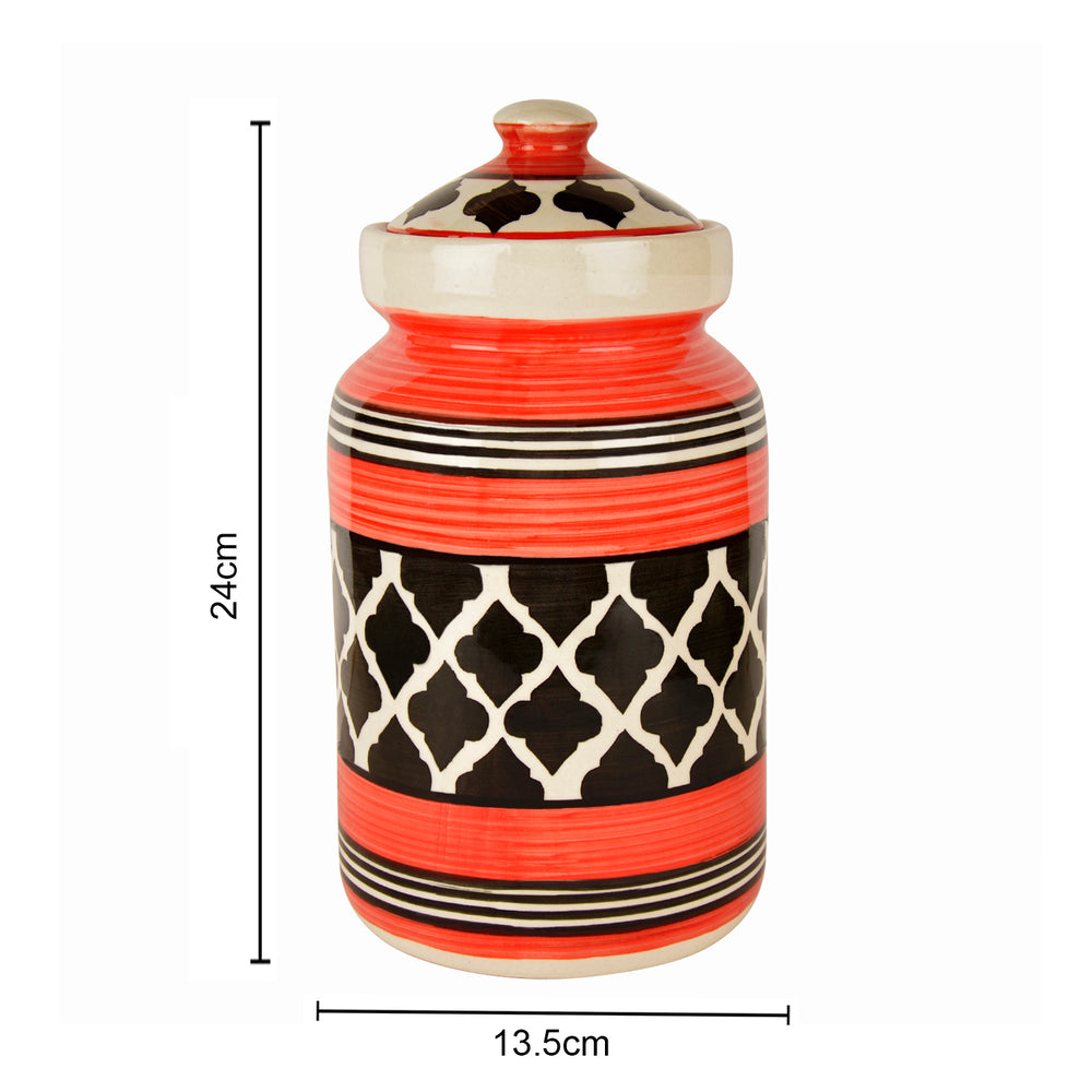 Hand-Painted Ceramic Multi-Utility Kitchen Storage Jar with Lid (3000 ml, Red and Black)