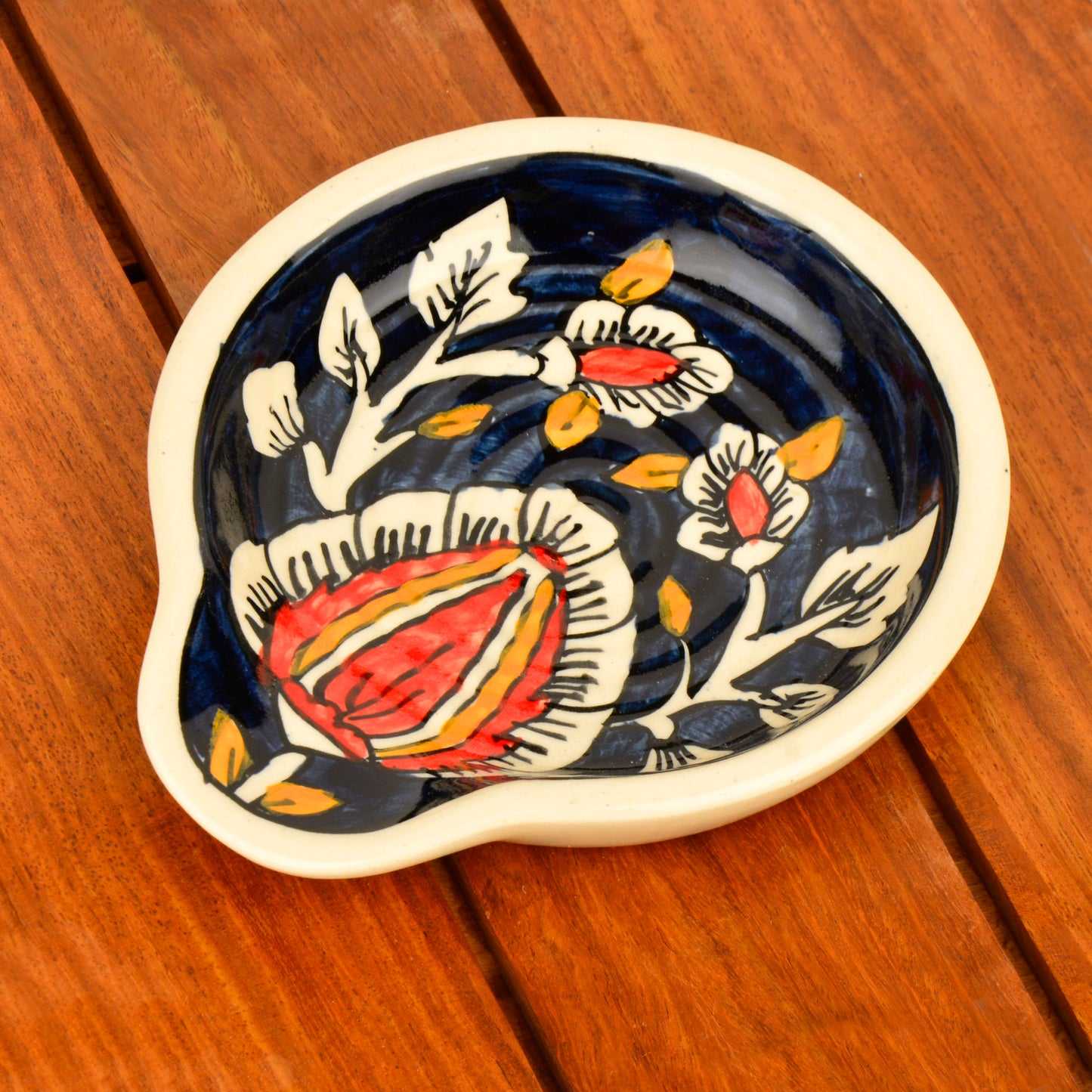 Blue Hand Painted Round Big Ceramic Spoon Rest for Kitchen, Dining Table