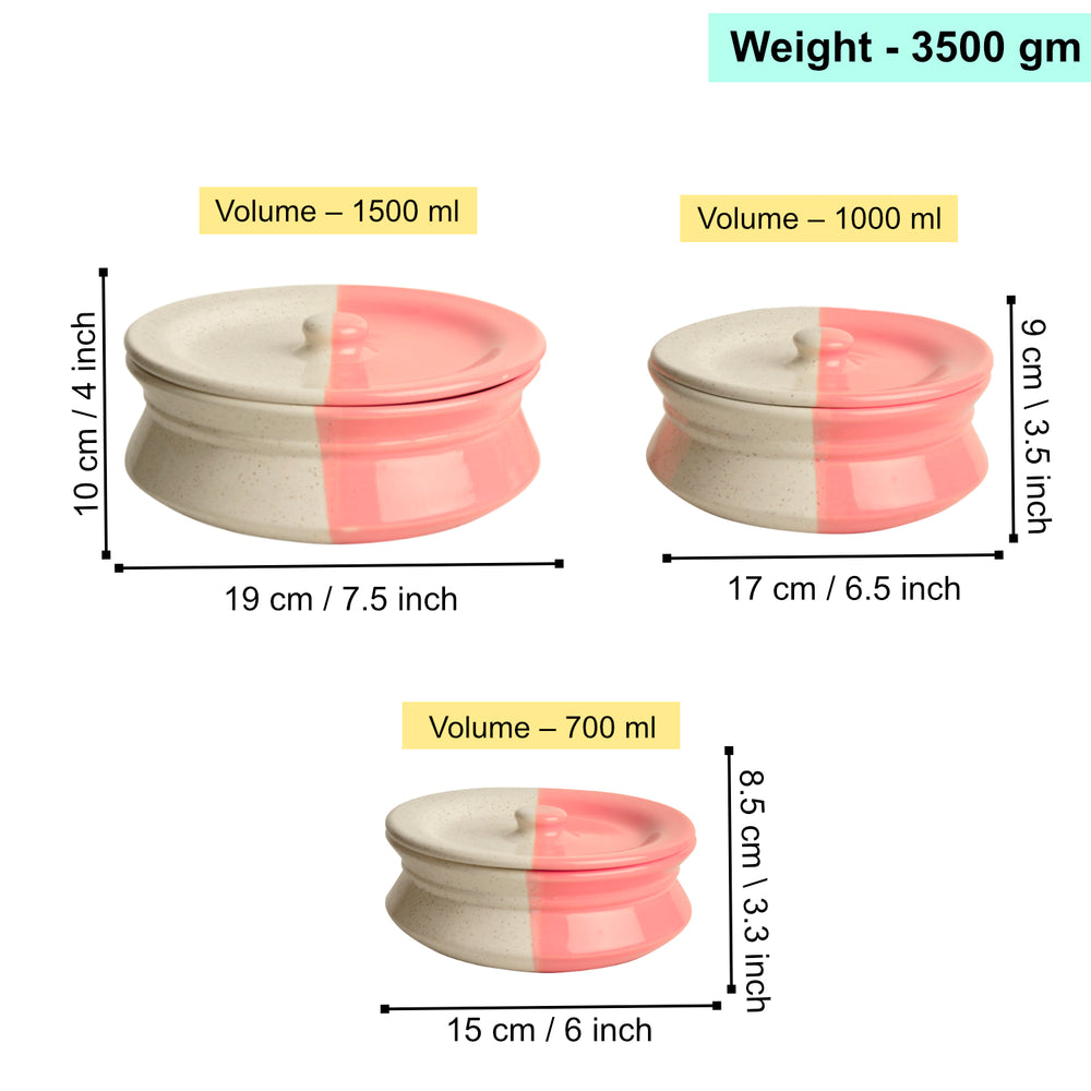 Hand Crafted Ceramic Handi with Lid (Set of 3,1500 ml, 1000 ml and 700 ml)