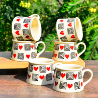 Hand Crafted Heart Print Ceramic Microwave Safe Coffee Mugs (200 ml, Set of 6, Off White, Red, Black)