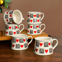 Hand Crafted Heart Print Ceramic Microwave Safe Coffee Mugs (200 ml, Set of 6, Off White, Red, Black)