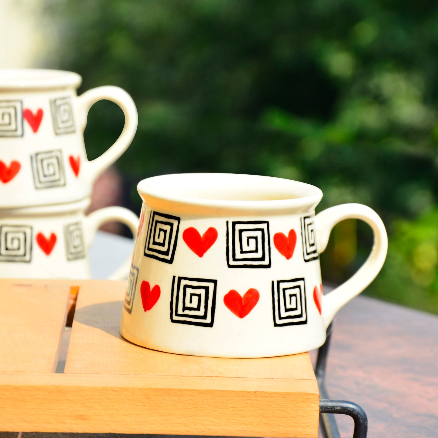 Hand Crafted Heart Print Ceramic Microwave Safe Coffee Mugs (200 ml, Set of 6, Off White, Red, Black)