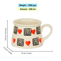 Hand Crafted Heart Print Ceramic Microwave Safe Coffee Mugs (200 ml, Set of 6, Off White, Red, Black)