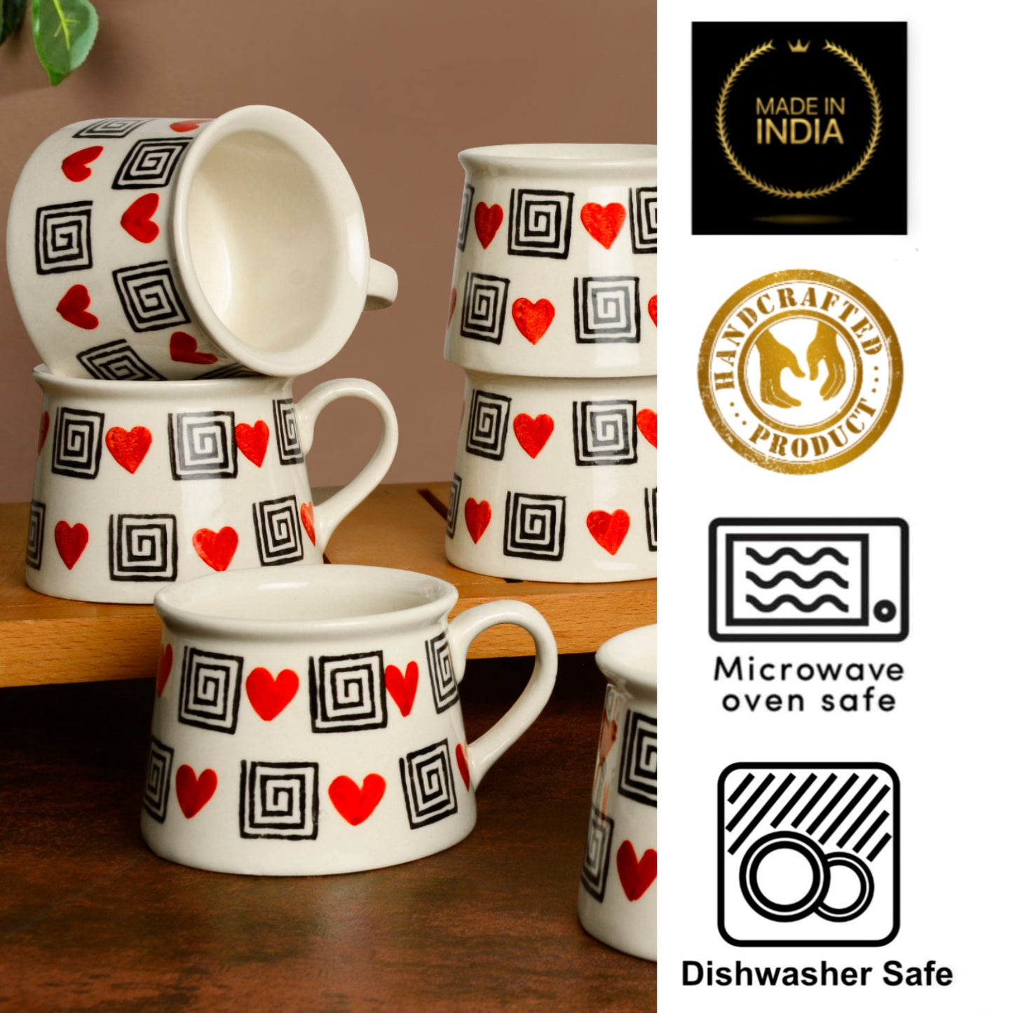 Hand Crafted Heart Print Ceramic Microwave Safe Coffee Mugs (200 ml, Set of 6, Off White, Red, Black)