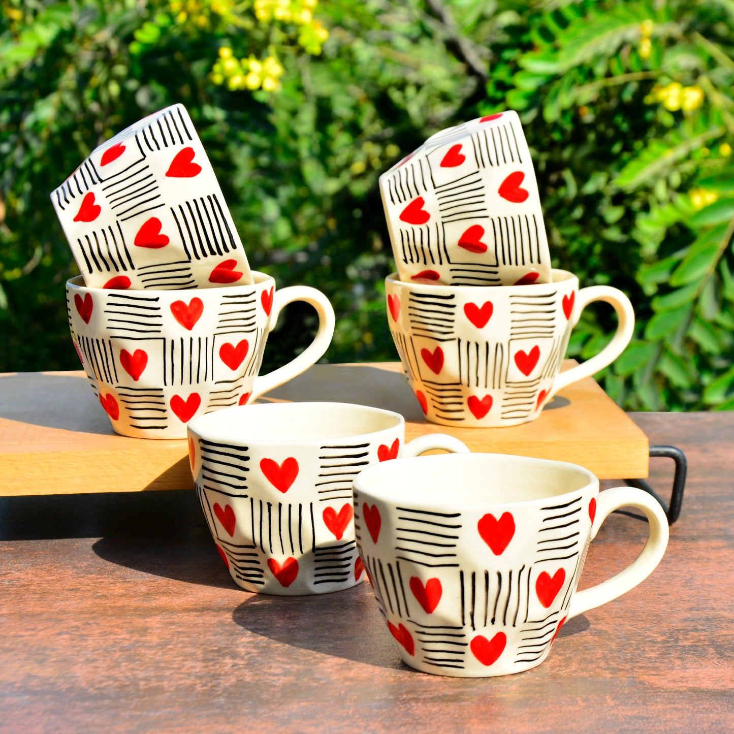 Hand Crafted Heart Print Ceramic Microwave Safe Coffee Mugs (250 ml, Set of 6, Off White, Red, Black)