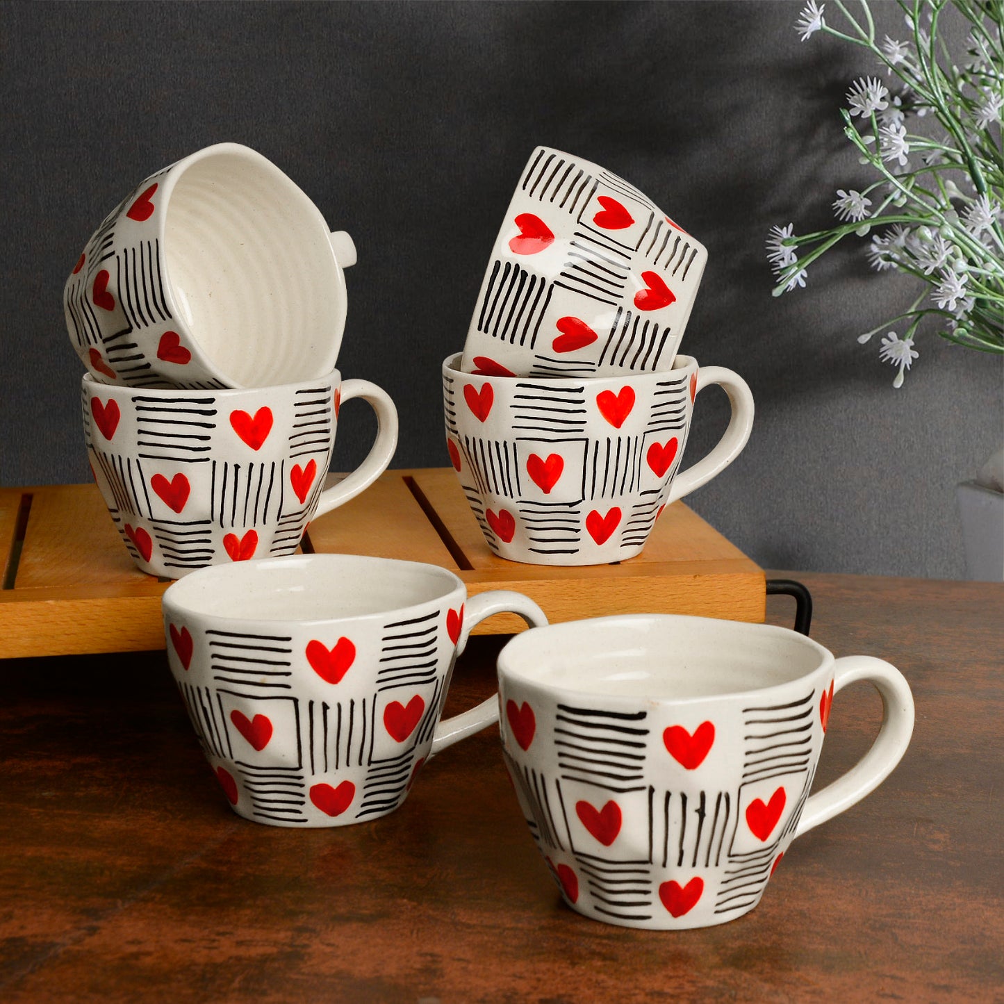 Hand Crafted Heart Print Ceramic Microwave Safe Coffee Mugs (250 ml, Set of 6, Off White, Red, Black)