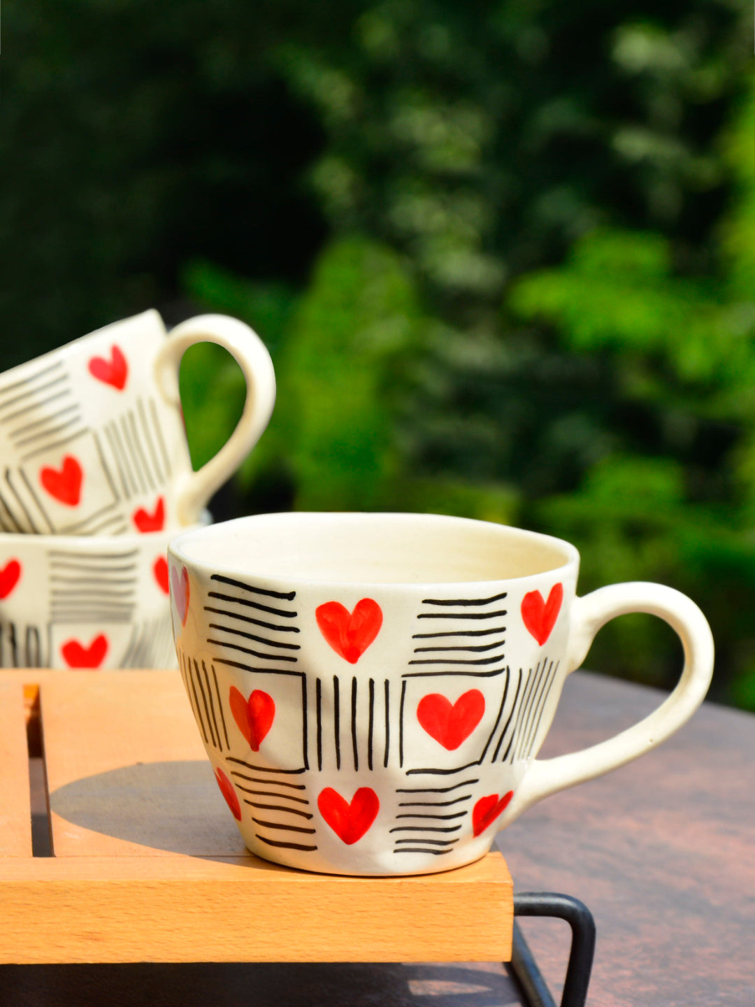 Hand Crafted Heart Print Ceramic Microwave Safe Coffee Mugs (250 ml, Set of 6, Off White, Red, Black)