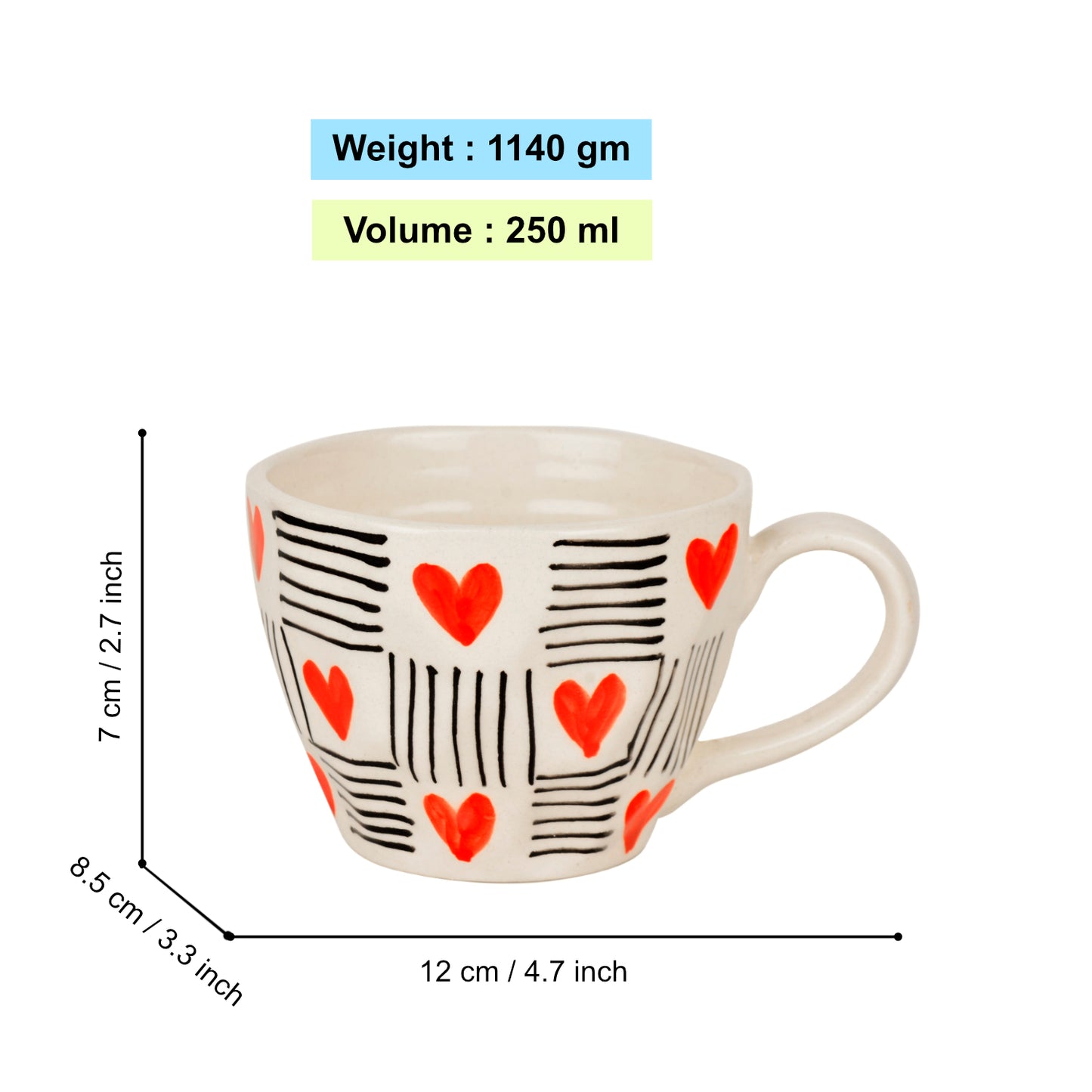 Hand Crafted Heart Print Ceramic Microwave Safe Coffee Mugs (250 ml, Set of 6, Off White, Red, Black)