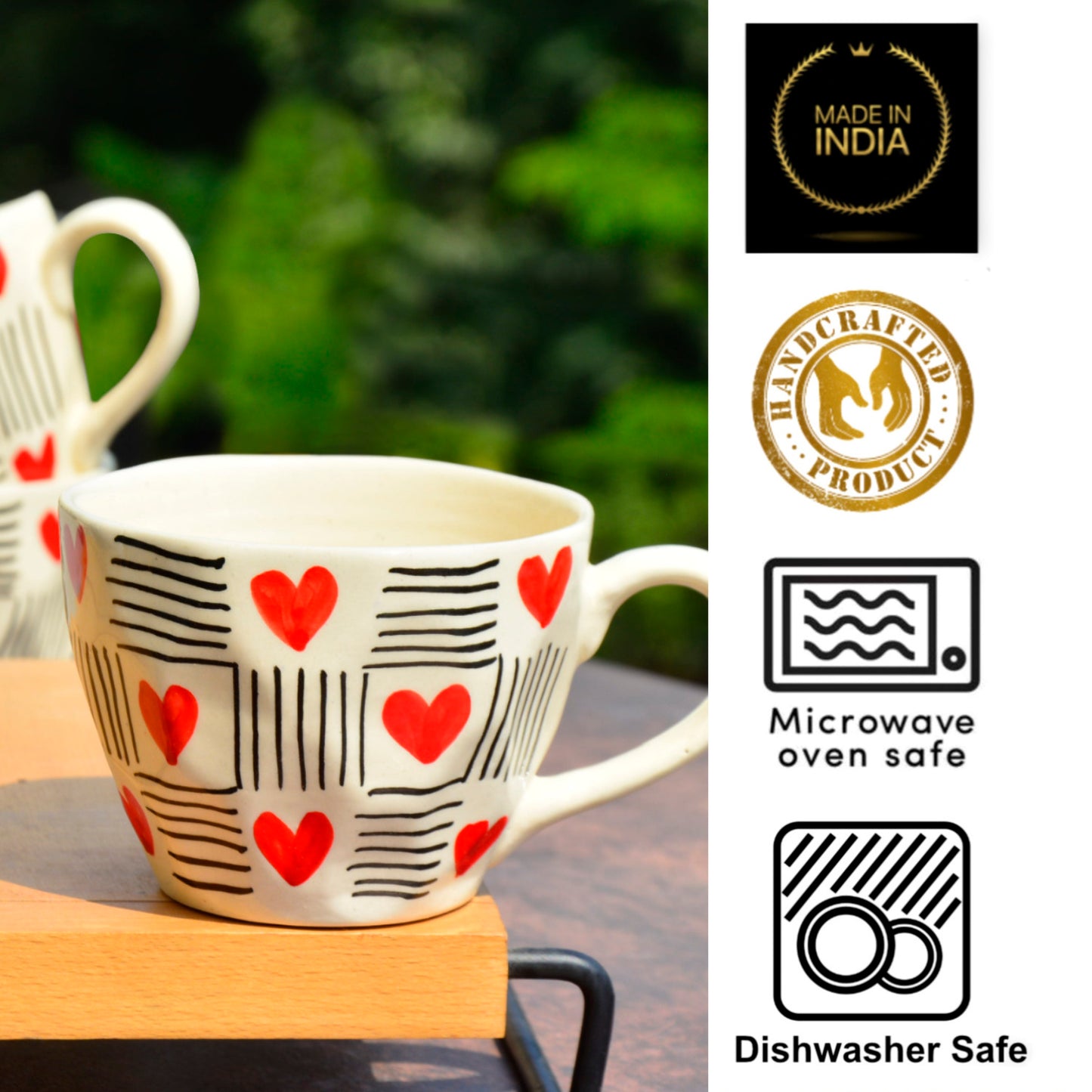 Hand Crafted Heart Print Ceramic Microwave Safe Coffee Mugs (250 ml, Set of 6, Off White, Red, Black)