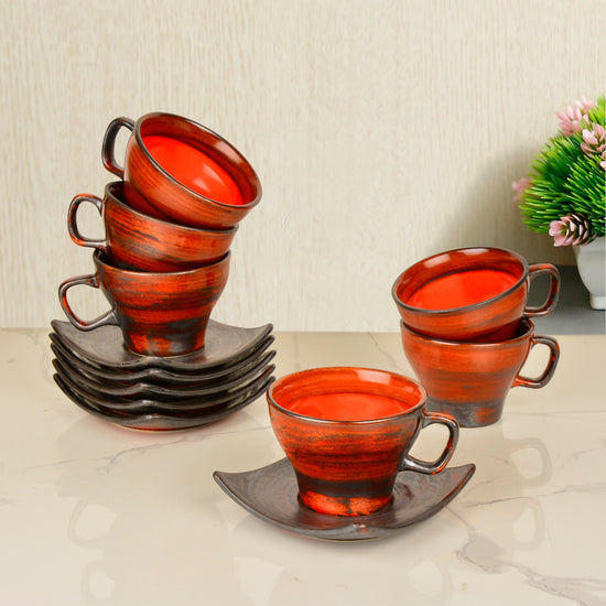 Studio Pottery Ceramic Microwave Safe Tea Cup and Saucer (Set of 6, Red, 200 ml each)