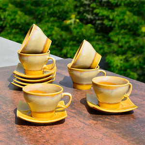 Studio Pottery Ceramic Microwave Safe Tea Cup and Saucer (Set of 6, Golden, 200 ml each)